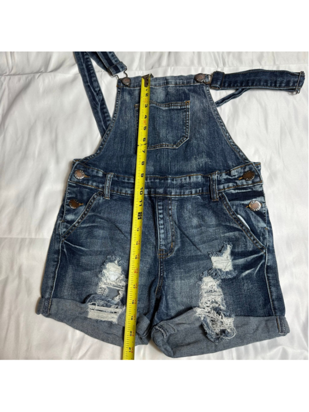 Women's VIP JEANS Blue Distressed Denim Overall Shorts Juniors 11 - Picture 5 of 7